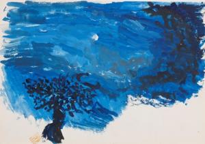 木と月の水彩画