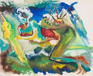 逃げる女の水彩画