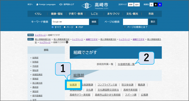 組織でさがすページの説明