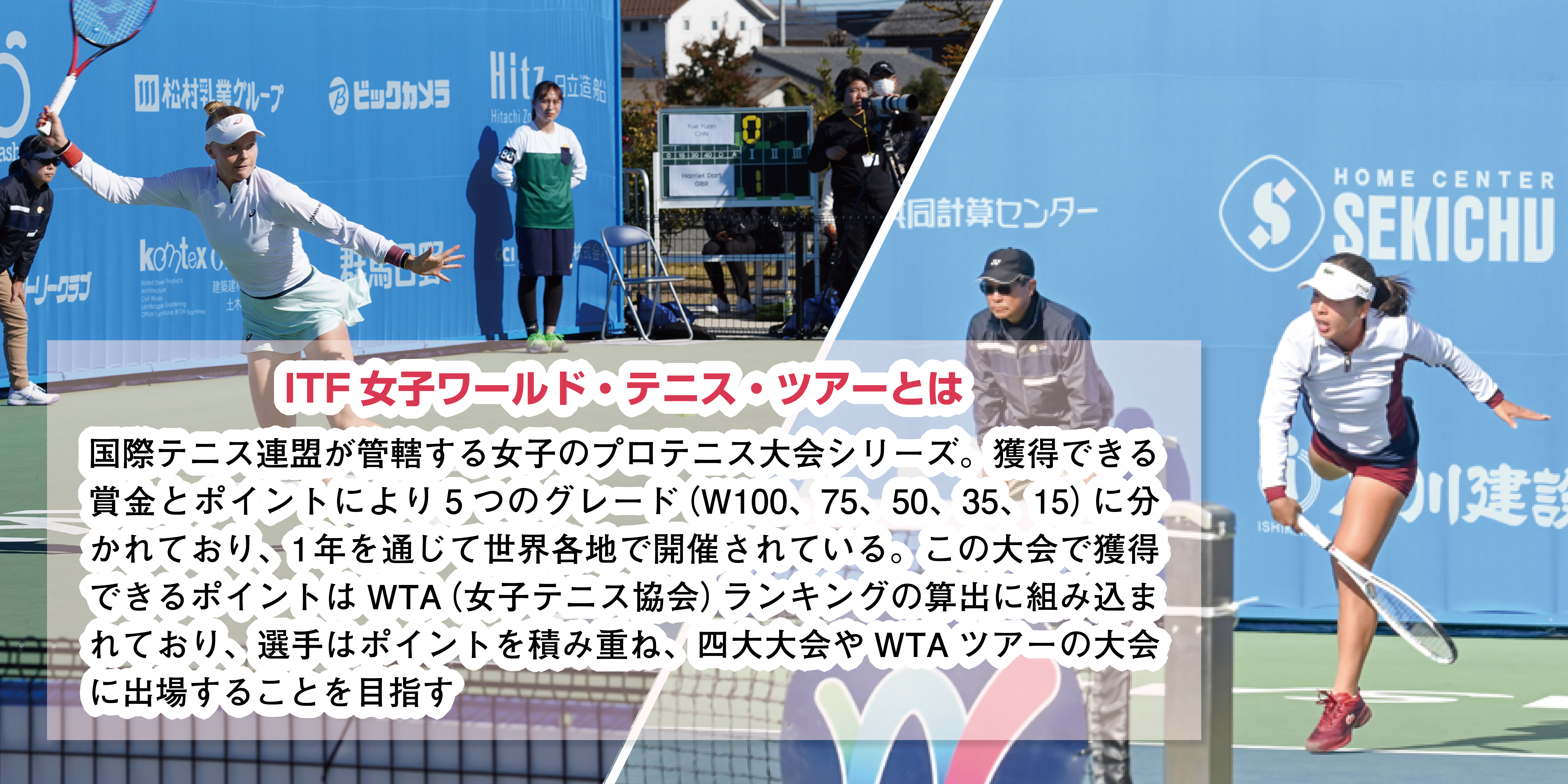 ITF女子ワールド・テニス・ツアーとは、国際テニス連盟が管轄する女子のプロテニス大会シリーズ。獲得できる賞金とポイントにより5つのグレード（W100、75、50、35、15）に分かれており、1年を通じて世界各地で開催されている。この大会で獲得できるポイントはWTA（女子テニス協会）ランキングの算出に組み込まれており、選手はポイントを積み重ね、四大大会やWTAツアーの大会に出場することを目指す