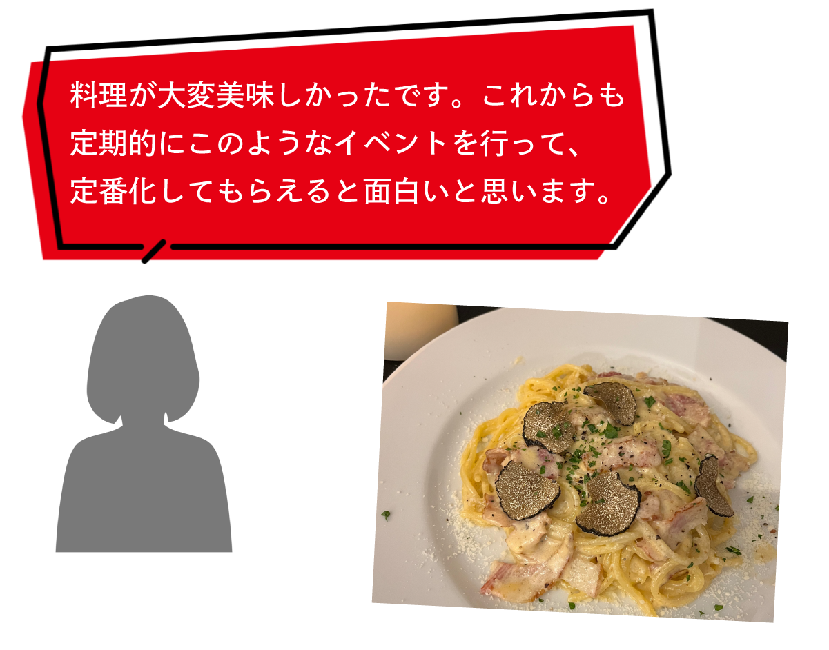 来場者のコメント1「料理が大変美味しかったです。これからも定期的にこのようなイベントを行なって、定番化してもらえると面白いと思います。」