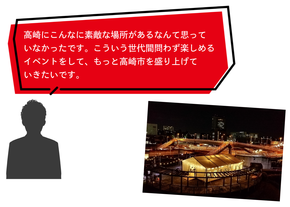 来場者のコメント3「高崎にこんな素敵な場所があるなんて知らなかったです。こういう世代間問わず楽しめるイベントをして、もっと高崎市を盛り上げていきたいです。」