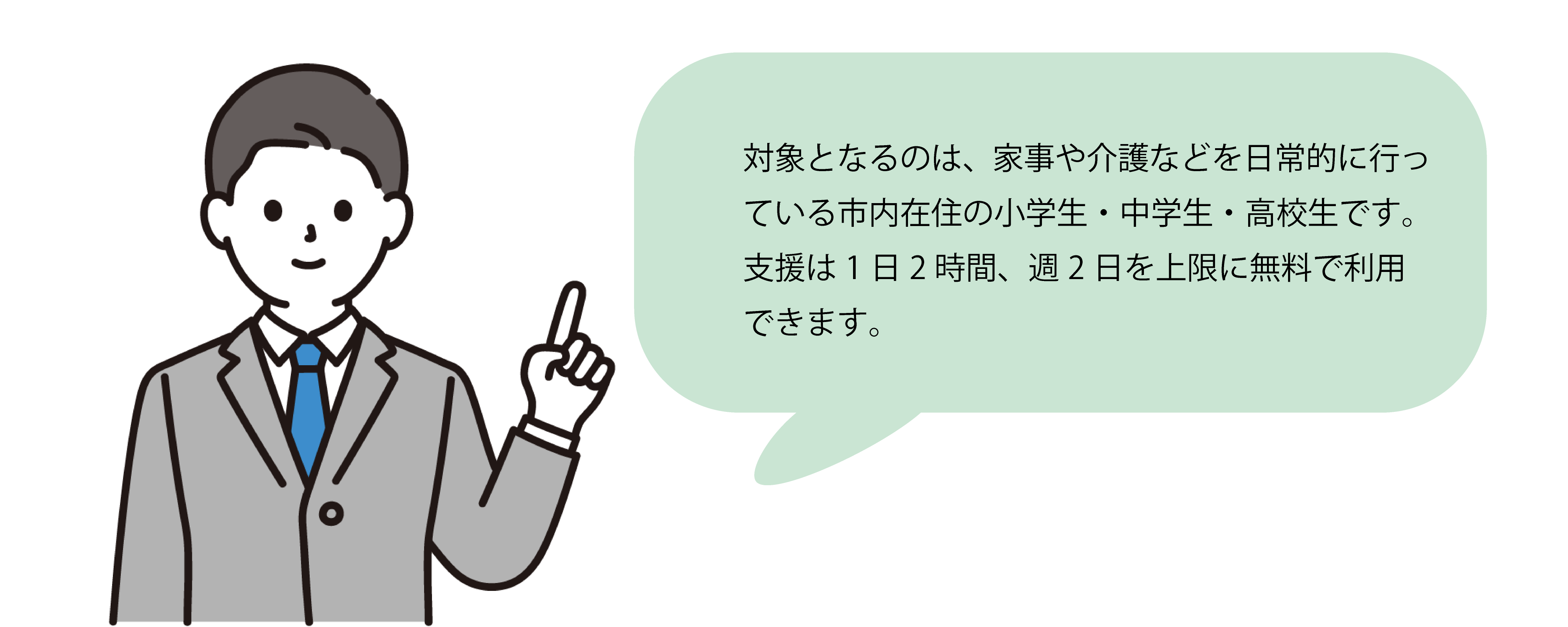 対象となるのは、家事や介護などを日常的に行っている市内在住の小学生・中学生・高校生です。支援は1日2時間、週2日を上限に無料で利用できます。