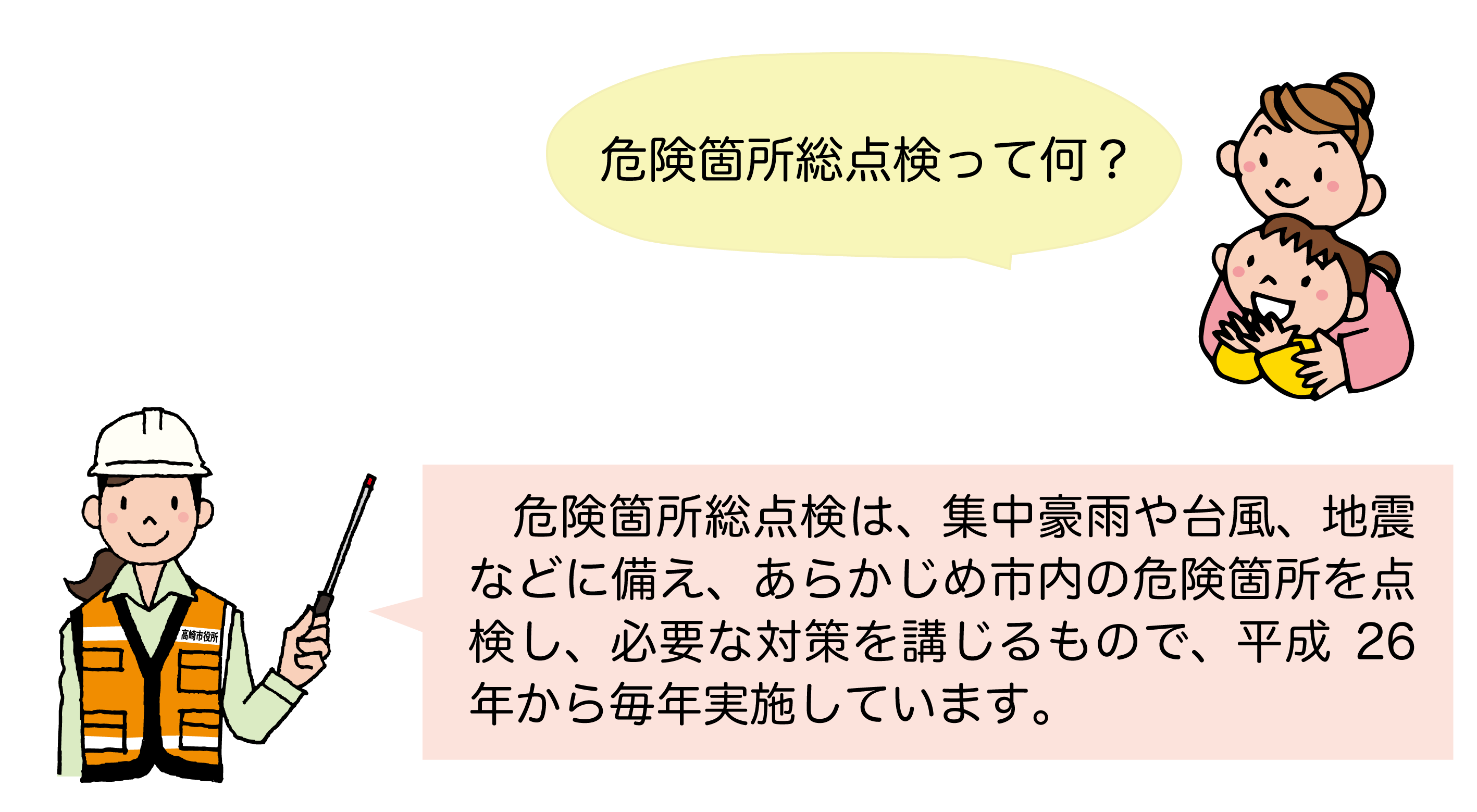 危険箇所総点検は、集中豪雨や台風などに備え、あらかじめ市内の危険箇所を点検し、必要な対策を講じるもので、平成26年から毎年実施しています。