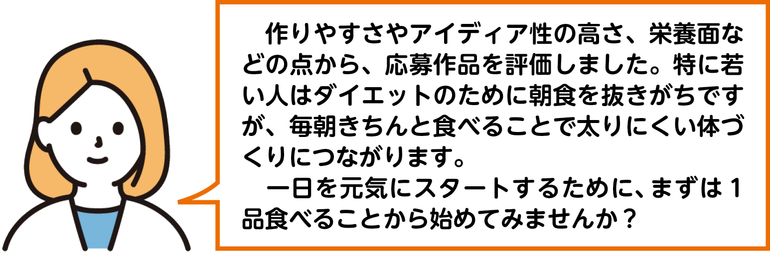 作りやすさやアイディア性の高さ、栄養面などの点から、応募作品を評価しました。特に若い人はダイエットのために朝食を抜きがちですが、毎朝きちんと食べることで太りにくい体づくりにつながります。一日を元気にスタートするために、まずは1品食べることから始めてみませんか？