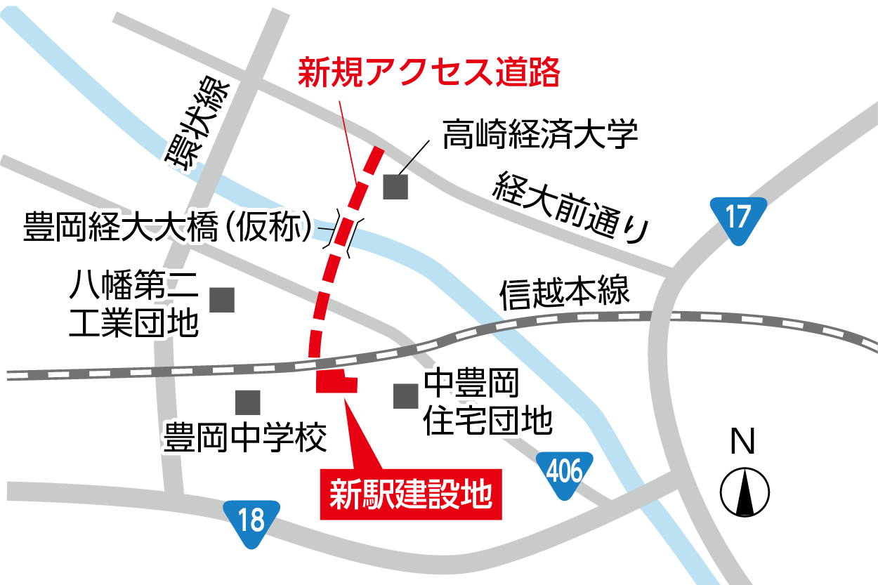 新規アクセス道路を含む新駅周辺の地図