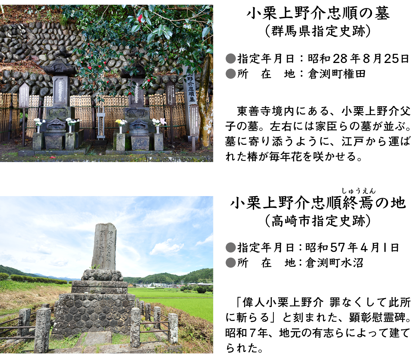小栗上野介忠順の墓（群馬県指定史跡）指定年月日：昭和28年8月25日、所在地：倉渕町権田　東善寺境内にある、小栗上野介父子の墓。左右には家臣らの墓が並ぶ。墓に寄り添うように、江戸から運ばれた椿が毎年花を咲かせる。　小栗上野介忠順終焉の地（高崎市指定史跡）指定年月日：昭和57年4月1日、所在地：倉渕町水沼　「偉人小栗上野介 罪なくして此所に斬らる」と刻まれた、顕彰慰霊碑。昭和7年、地元の有志らによって建てられた。