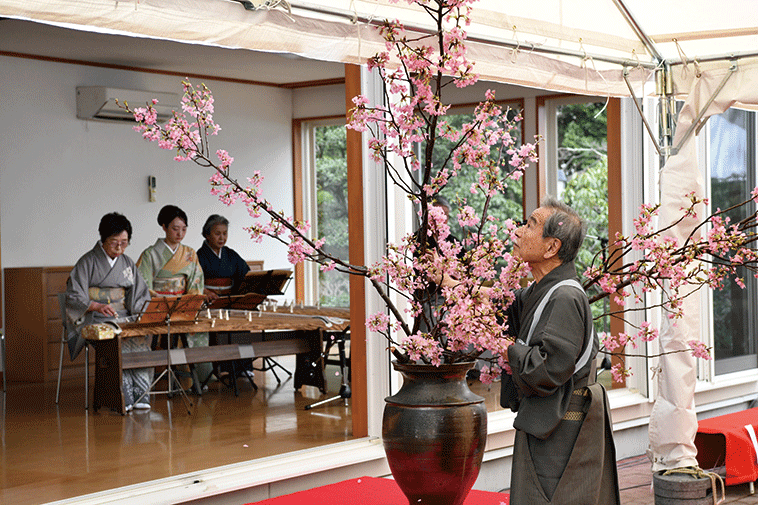伝統文化の館で琴を弾く人と花を生ける人の写真