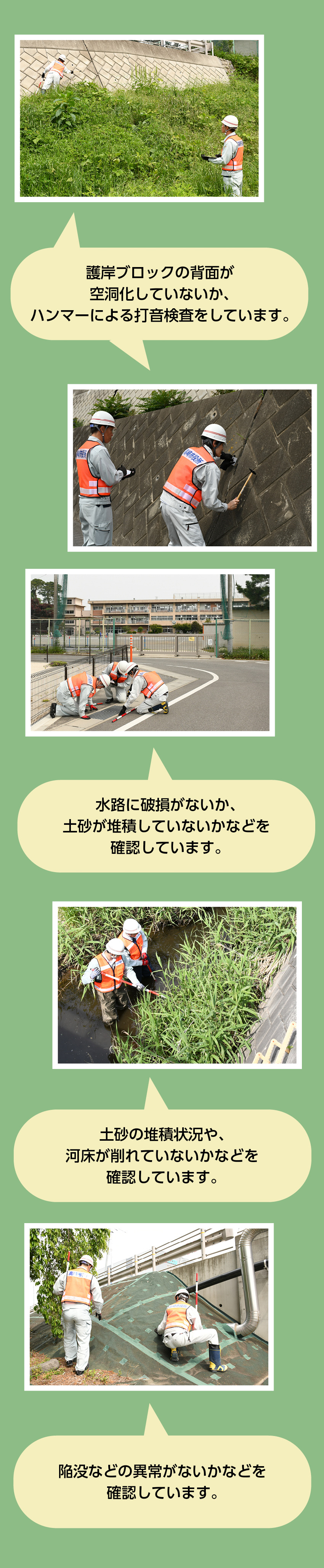 点検の様子（護岸ブロックの背面が空洞化していないかハンマーによる打音検査をしている様子。水路に破損がないか、土砂が堆積していないか等を確認している様子。土砂の堆積状況や、河床が削れていないか等を確認している様子。陥没等の異常がないか等を確認している様子。）