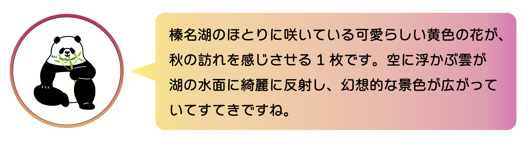 職員からのコメント。榛名湖のほとりに咲いている可愛らしい黄色の花が、秋の訪れるを感じさせる1枚です。空に浮かぶ雲が湖の水面に綺麗に反射し、幻想的な景色が広がっていてすてきですね。