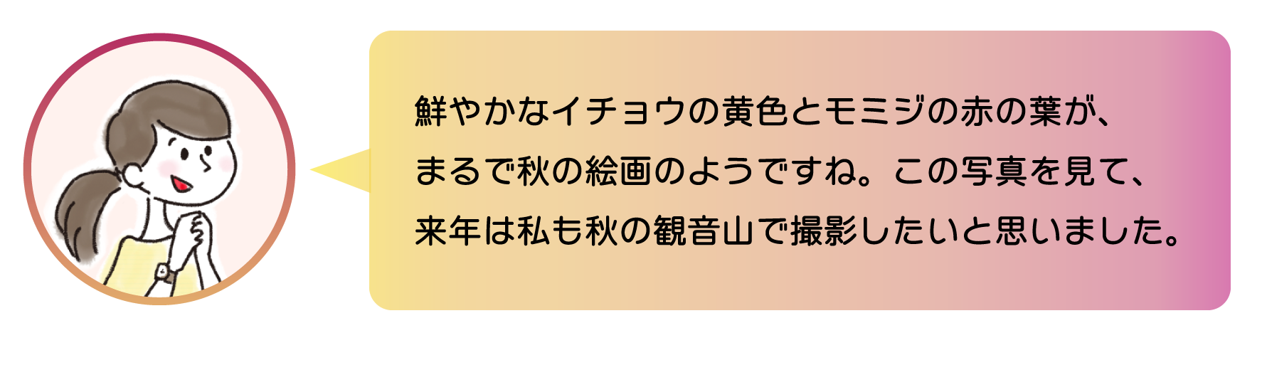 職員からのコメント。鮮やかなイチョウの黄色とモミジの赤の葉が、まるで秋の絵画のようですね。この写真を見て、来年は私も秋の観音山で撮影したいと思いました。