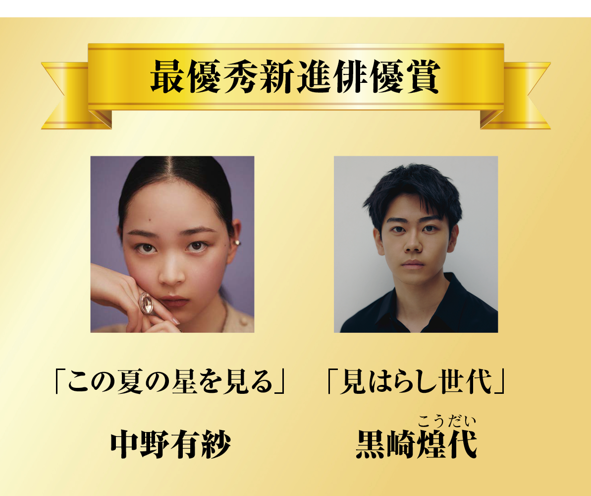 最優秀新進俳優賞：「この夏の星を見る」中野有紗、「見はらし世代」黒崎煌代
