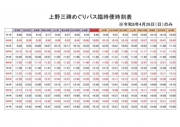 上野三碑めぐりバス臨時便時刻表(令和8年4月26日のみ)