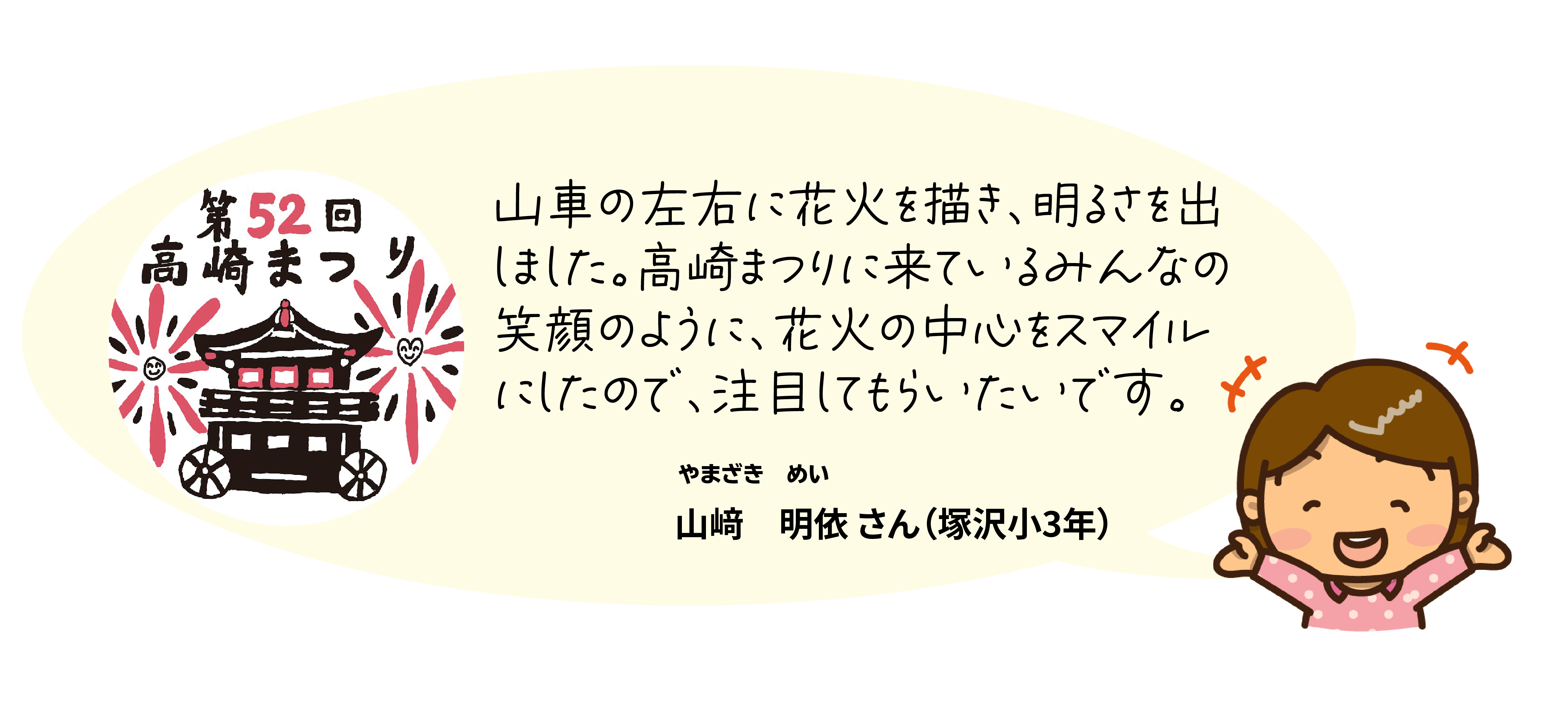 山車の左右に花火を描き、明るさを出しました。高崎まつりに来ているみんなの笑顔のように、花火の中心をスマイルにしたので、注目してもらいたいです。塚沢小3年　山﨑明依さん