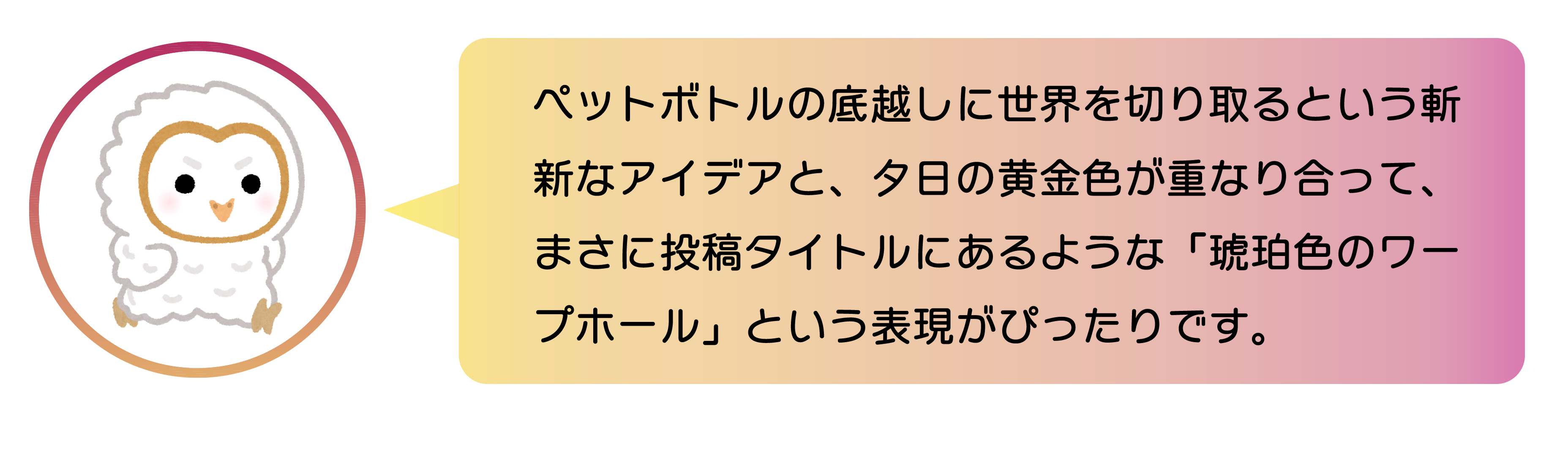 ペットボトルの底越しに世界を切り取るという斬新なアイデアと、夕日の黄金色が重なり合って、まさに投稿タイトルにあるような「琥珀色のワープホール」という表現がぴったりです。